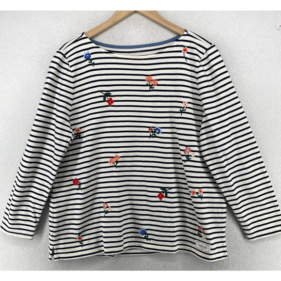 TALBOTS Top XLp Petite Floral Embroidered Striped Long Sleeve Cotton White Black - Picture 1 of 15